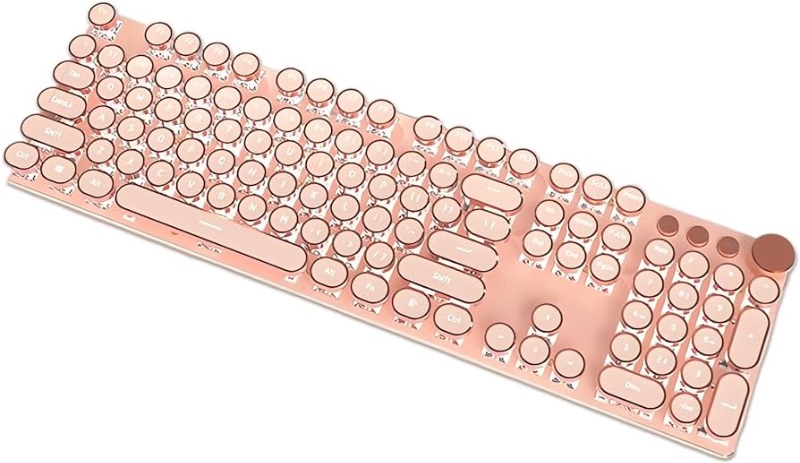 Photo 1 of ***NONREFUNDABLE - NOT FUNCTIONAL - FOR PARTS ONLY - SEE COMMENTS***
Typewriter Style Mechanical Gaming Keyboard White LED Backlit 104-Key NKRO Pink Switches Retro Round Keycaps Golden Ring Volume Knob Metal Panel Wired USB-C Detachable Cable, Rose Gold