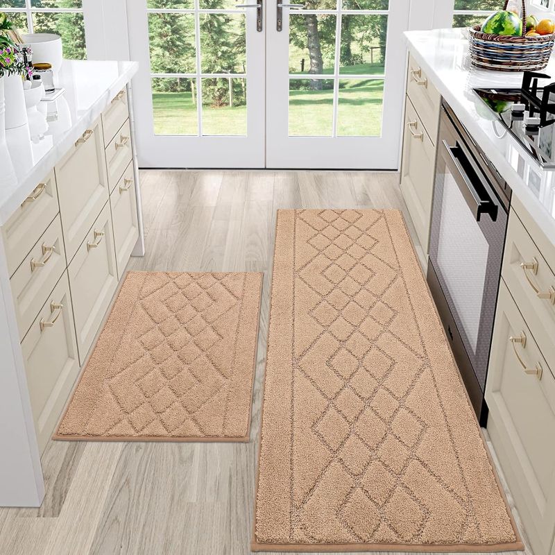 Photo 1 of (SIMILAR TO STOCK PHOTO) PURRUGS Machine Washable Kitchen Rug Set of 2, Non-Slip/Skid Kitchen Runner Rugs & Floor Mats, Super Absorbent Soft Standing Mats for Kitchen, Laundry & Sink, Rolled Packaging, Beige 24" x 35.5"+ 24" x 59" Beige