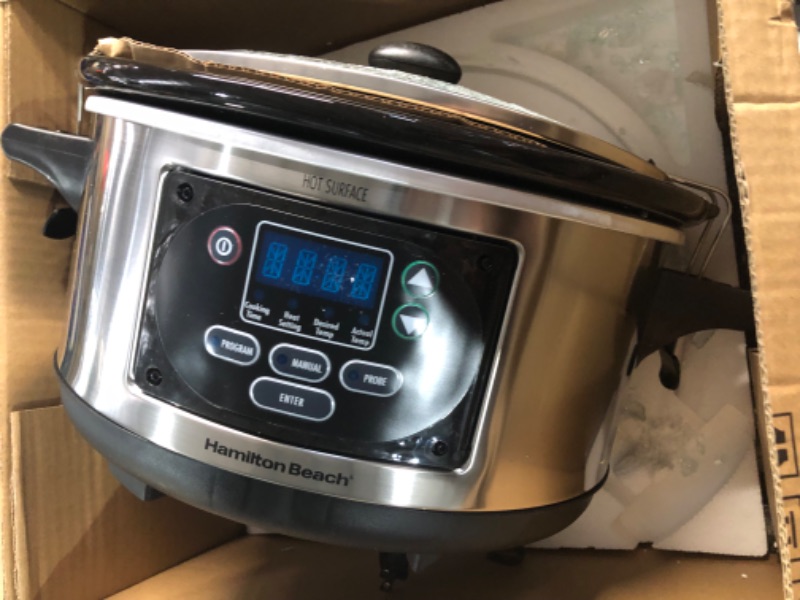 Photo 2 of (broken lid)
Hamilton Beach Portable 6-Quart Set & Forget Digital Programmable Slow Cooker with Lid Lock, Temperature Probe, Stainless Steel Temperature Probe Stainless Steel Programmable Slow Cooker