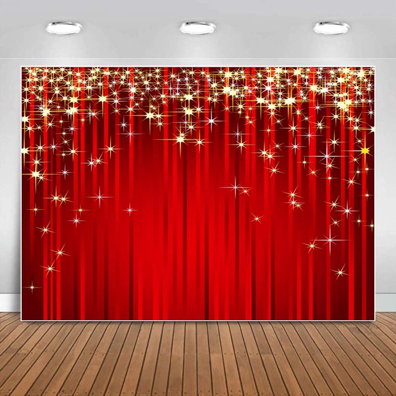 Photo 1 of Sensfun 7x5ft Gold Starry Red Photography Backdrop Glitter Golden Star Stripes Background Red Christmas Backdrops for Wedding Birthday Xmas Party Banner Children Portrait Photo Studio Wall Decorations 7X5ft WP019