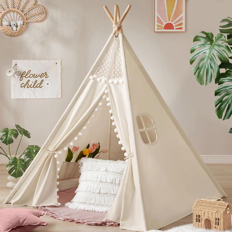 Photo 1 of  Teepee Tent for Kids Tent Indoor, Canvas Toddler Tent - Kids Teepee Tent for Girls & Boys, Washable Tipi Tent Kids Boho Tent - Foldable Kids Play Tent