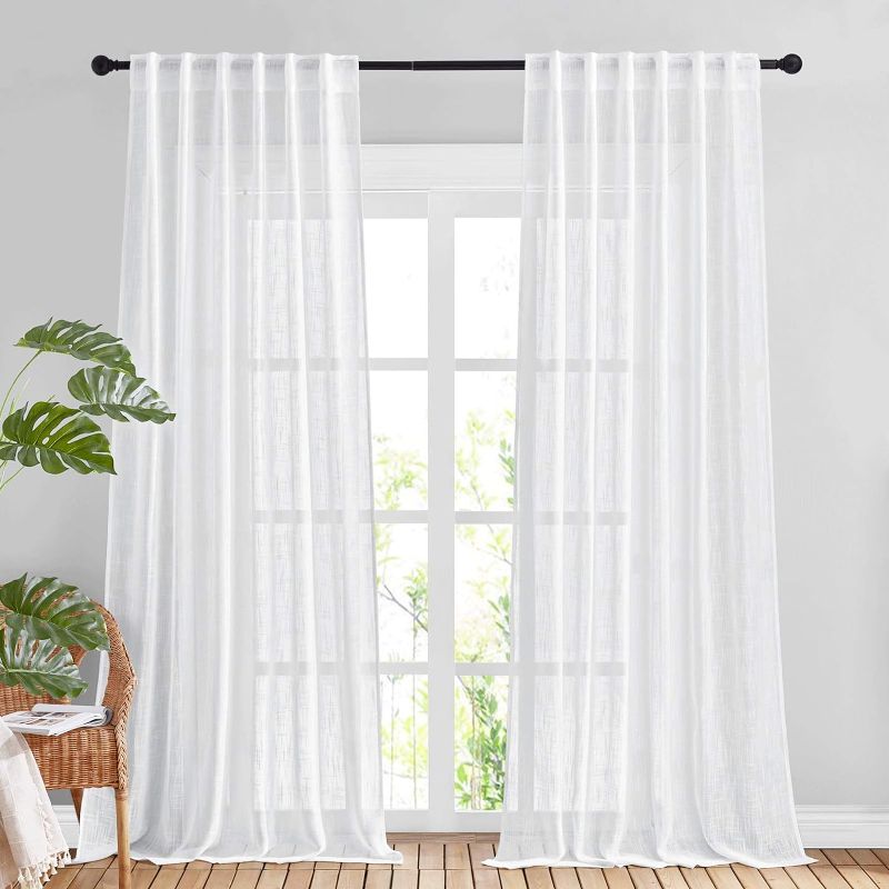 Photo 1 of NICETOWN White Sheer 108 inch Curtains, Rod Pocket & Back Tab Semi Linen Sheer Window Treatment Privacy Drapes for Living Room/Bedroom, 104" Wide Total 2 PCs