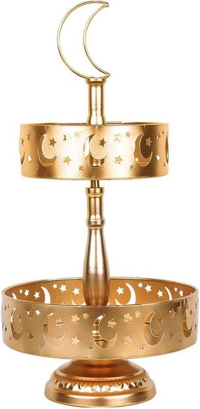 Photo 1 of Eid Mubarak Golden Metal Tray Decorations Cookies Storage Ramadan Ornament Party Festival Table Decor-Double-Layer Assembly