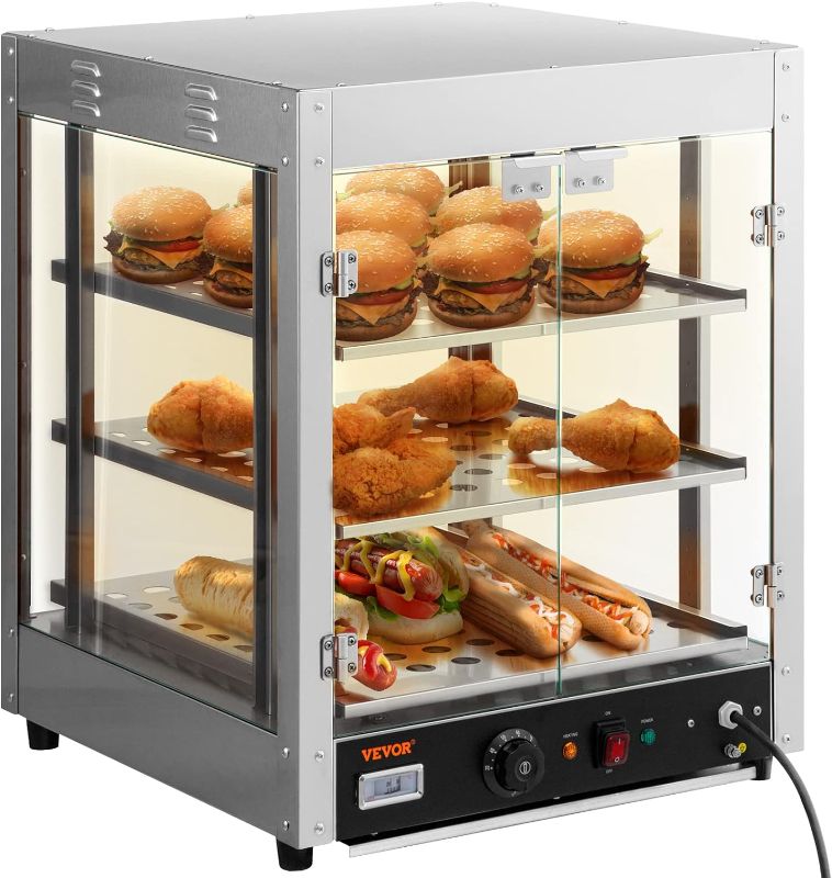 Photo 1 of VEVOR Commercial Food Warmer Display, 3 Tiers, 800W Pizza Warmer w/ 3D Heating 3-Color Lighting Bottom Fan