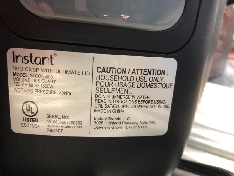 Photo 3 of ***NONREFUNDABLE - NOT FUNCTIONAL - FOR PARTS ONLY - SEE COMMENTS***
Instant Pot Duo Crisp Ultimate Lid, 13-in-1 Air Fryer and Pressure Cooker Combo, Sauté, Slow Cook, Bake, Steam, Warm, Roast, Dehydrate, Sous Vide, & Proof, App With Over 800 Recipes, 6.5