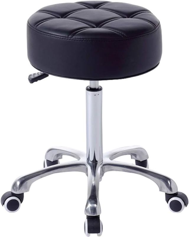 Photo 1 of Rolling Salon Stool with Wider Round Seat- Height Adjustable Heavy-Duty Chair with Wheels with Classic Wheels, Black)