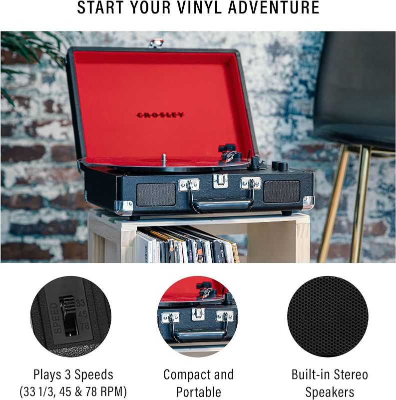 Photo 1 of **PARTS ONLY NON-REFUNDABLE READ NOTES**Crosley CR8005F-BK Cruiser Plus Vintage 3-Speed Bluetooth in/Out Suitcase Vinyl Record Player Turntable, Black/Red