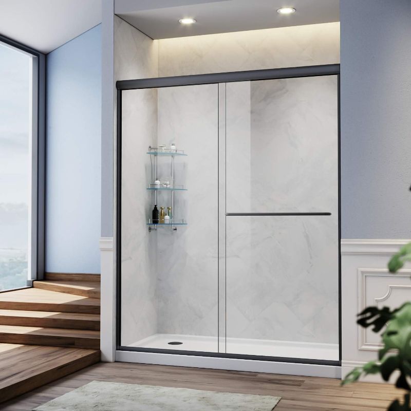 Photo 1 of ***SIMILAR STYLE TO STOCK PHOTO***SUNNY SHOWER Sliding Shower Door 54" x 72" Shower Door 1/4" Clear Glass Semi-Frameless Shower Enclosure Stainless Steel Hardware Black Finish Bypass Glass Door
