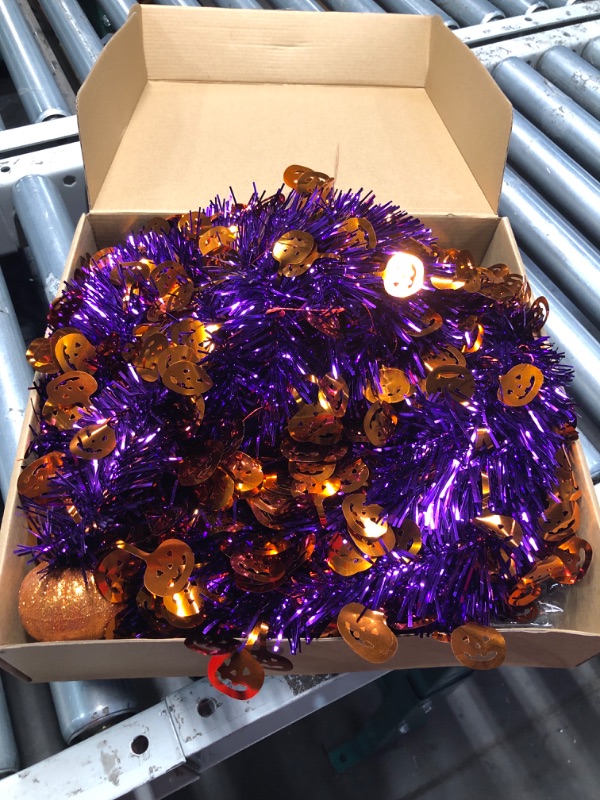 Photo 2 of [ Orange & Purple Lights ] 5 Ft Halloween Black Tree Timer DIY 50 Lights Battery Operated Pumpkin Top Sequin Tinsel Artificial Pop Up Pencil Scary Halloween Decoration Home Indoor Outdoor