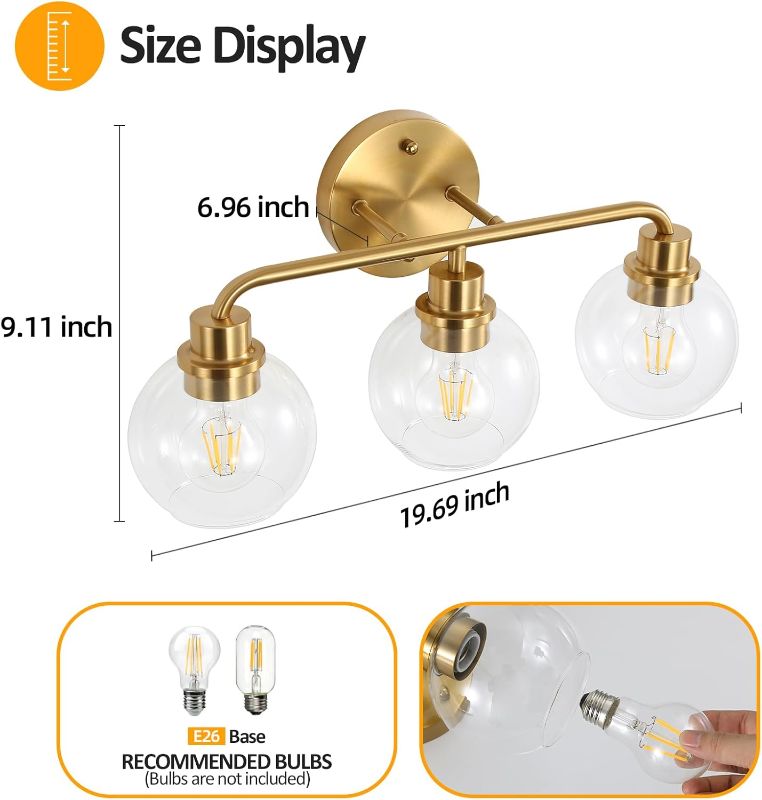 Photo 1 of (READ FULL POST) **(BRASS COLOR)** Bathroom Light Fixtures Gold Vanity Light 3 Light Wall Sconces Lighting Brushed Brass Lights with Clear Globe Glass Shades Bath Wall Lamp for Mirror Kitchen Living Room Bedroom Hallway