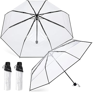 Photo 1 of **1 UMBRELLA DAMAGED**2 Pcs Clear Umbrella Transparent Portable Umbrella Compact Foldable Umbrella Manual Open Close Folding Umbrellas for Wedding Travel, Dating