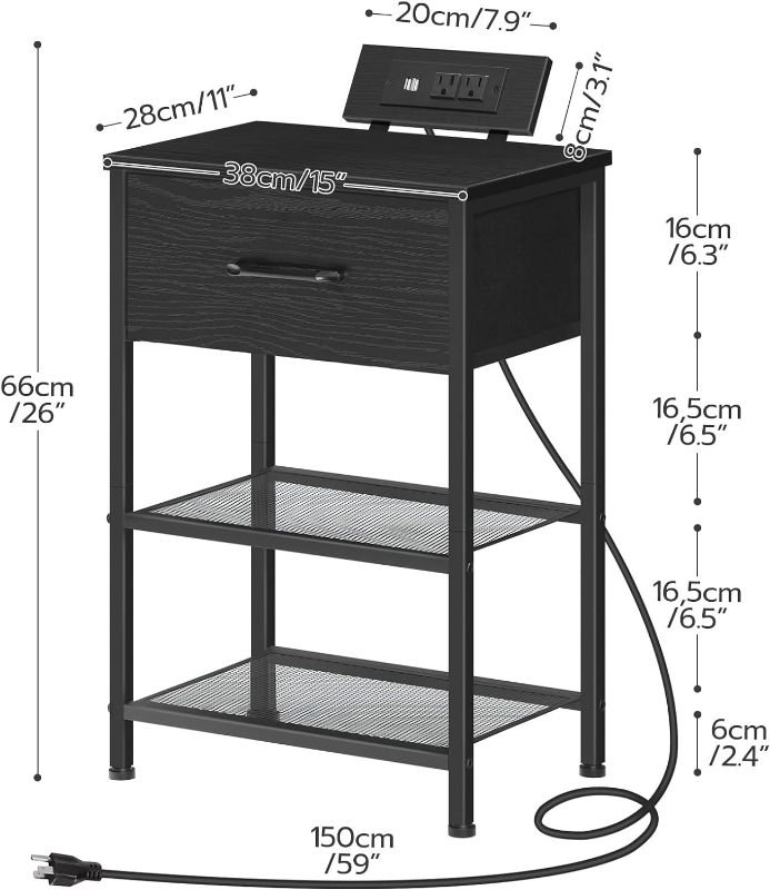 Photo 4 of (NON-REFUNDABLE) HOOBRO Nightstand with Charger Station, End Table with USB Ports & Outlets, Slim Bed Side Table with Fabric Drawer for Bedroom, Black BB117UBZ01
