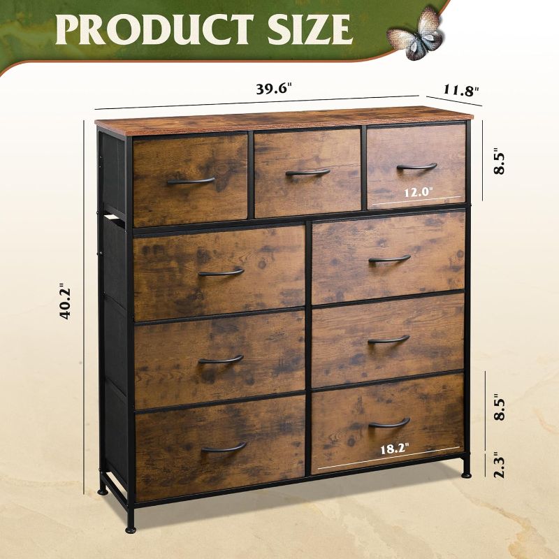 Photo 5 of (READ FULL POST) WLIVE 9-Drawer Dresser, Fabric Storage Tower for Bedroom, Hallway, Closet, Tall Chest Organizer Unit with Fabric Bins, Steel Frame, Wood Top, Easy Pull Handle, Rustic Brown Wood Grain Print
