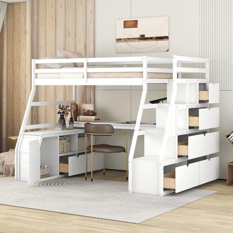 Photo 1 of (READ FULL POST) Harper & Bright Designs Twin Loft Bed with Stairs and Desk, Solid Wood Loft Bed Frame with Storage 7 Drawers 2 Shelves, for Kids Teens Adults (White)
