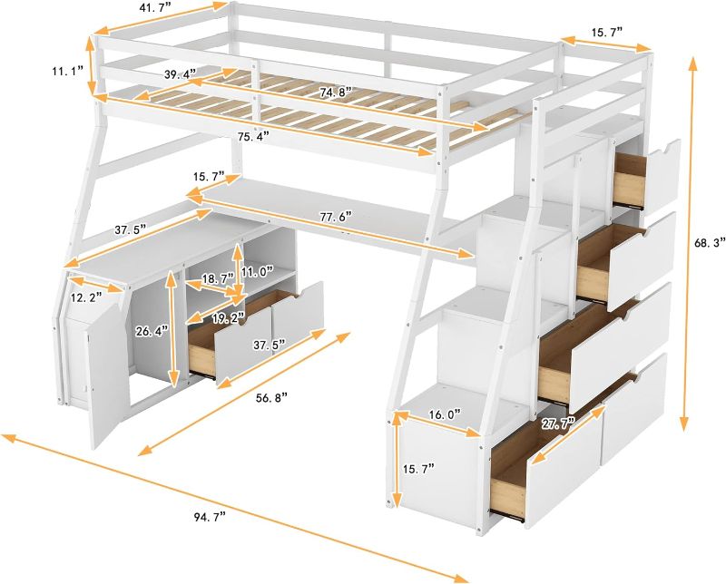 Photo 5 of (READ FULL POST) Harper & Bright Designs Twin Loft Bed with Stairs and Desk, Solid Wood Loft Bed Frame with Storage 7 Drawers 2 Shelves, for Kids Teens Adults (White)
