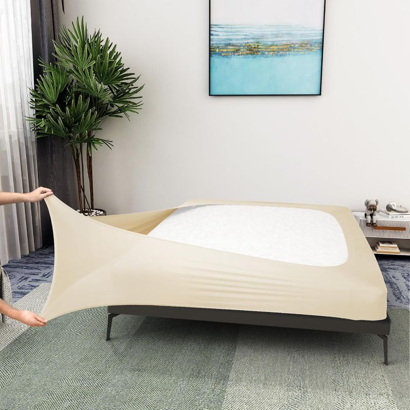 Photo 1 of (READ FULL POST) Box Spring Cover Twin Size - Jersey Knit & Stretchy Wrap Around 4 Sides Bed Skirt for Hotel & Home - Twin/Twin XL, Beige
