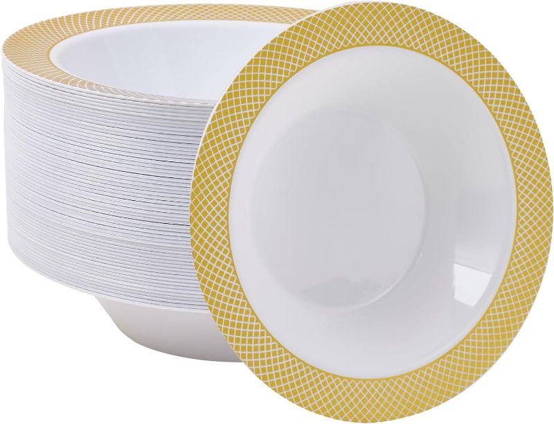 Photo 1 of (see all images) JOLLY CHEF 50 Plastic Bowls with Gold Rim, 12oz Disposable Soup Bowls, Premium Heavy Duty