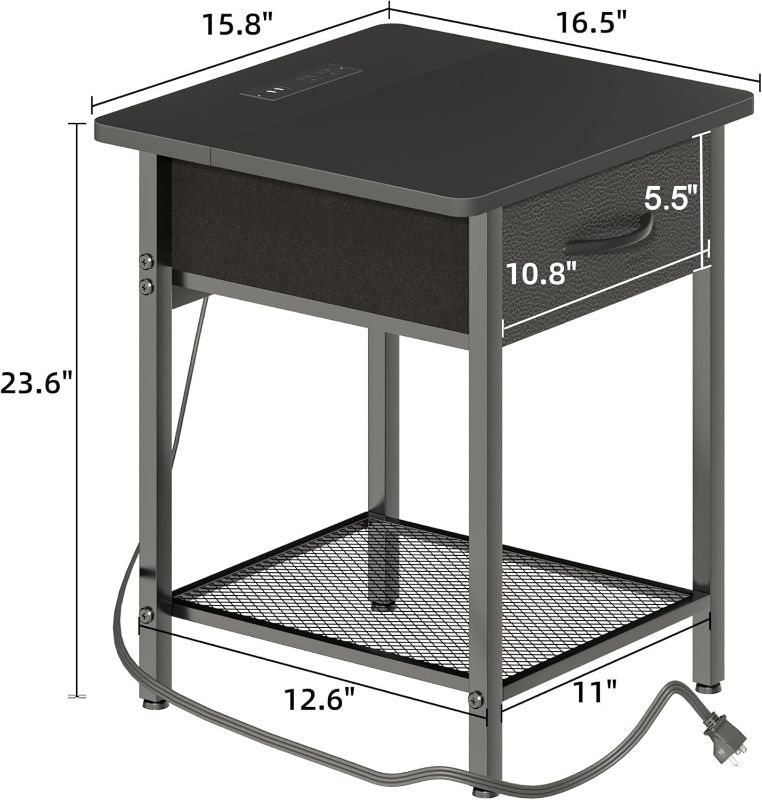 Photo 3 of (READ FULL POST) (SINGLE) GYIIYUO Nightstands Set with Charging Station and Fabric Storage Drawer,16.5" x 15.8" Side Table with Storage for Bedroom, Bedside Tables with Steel Fram, Black