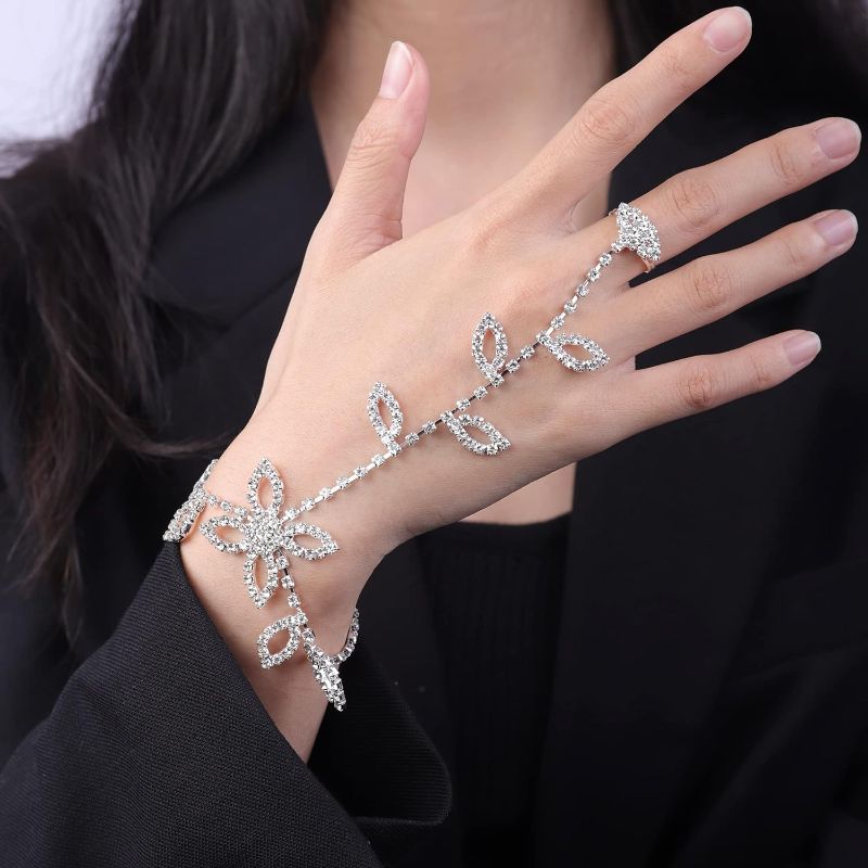 Photo 1 of Chargances Elegant Sparkly Rhinestone Bracelet Finger Ring Silver Crystal Slave Chain Bracelet Leaf Flower Bangle Wedding Party Hand Jewelry Accessories for Women (Style 3) 