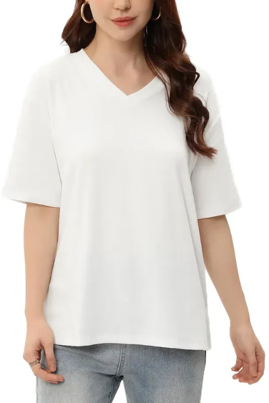 Photo 1 of [Size XS] DECIVI Women's V-Neck T Shirts Short Sleeve Basic Solid Loose Casual Tees Top White