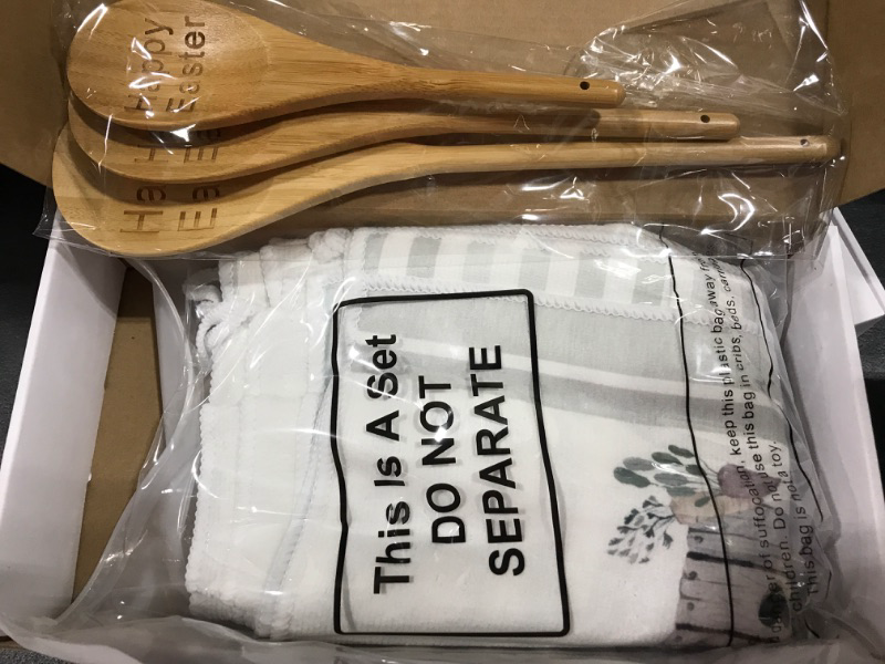 Photo 1 of 7 Pcs Kitchen Towels and Delicate Shaped Wooden Spoon Set 4 Pcs Dish Towels 3 Pcs Spoons Wooden Serving Mixing Spoon for Housewarming Birthday Wedding Gifts (Rabbit)