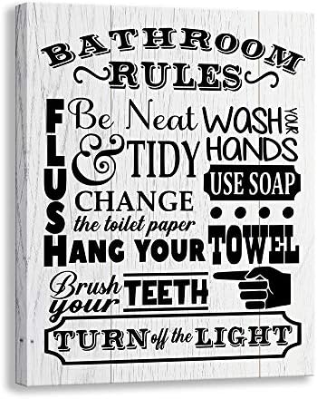 Photo 1 of Kas Home Bathroom Canvas Wall Art | Rustic Bathroom Funny Rules Prints Signs Framed | Wood Background Bathroom Laundry Room Decor (12 x 15 inch, Bathroom Rules - 02)