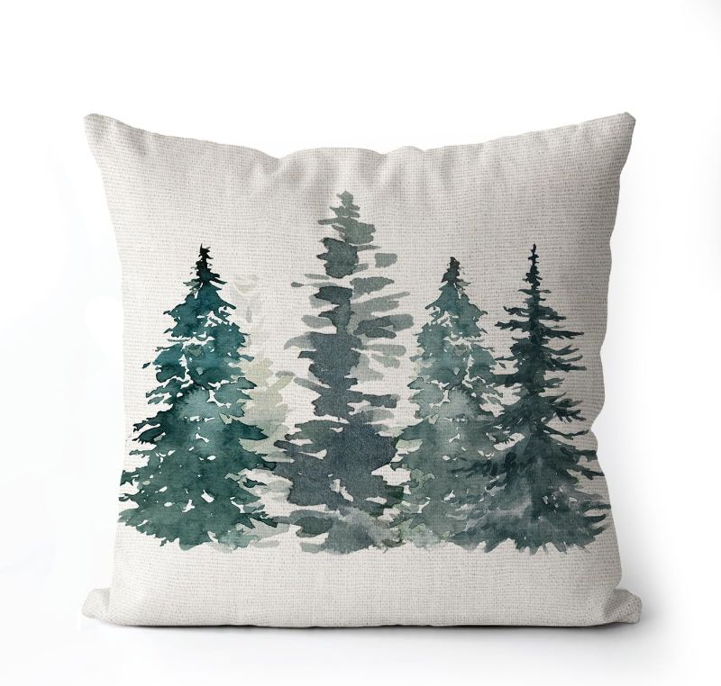 Photo 1 of Christmas Pillow Cover 18x18 inch Watercolor Pine Trees Throw Pillow Holiday Decorations Cushion Cover for Bed Chair Sofa Couch - 2 PACK 

