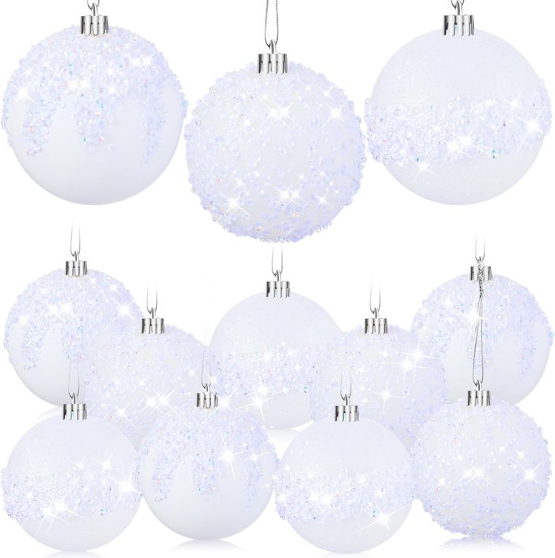 Photo 1 of 12 Pieces Glitter Christmas Ball Ornaments 3.15'' Rhinestone Sequin Shatterproof Christmas Tree Decorations Hanging Plastic Balls for Xmas Trees Wedding Party Holiday Decor (White)
