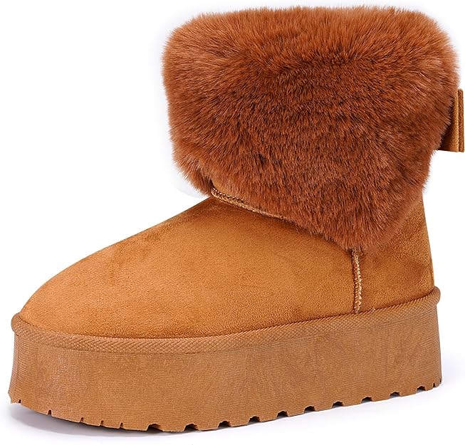 Photo 1 of Classic Platform Snow Boots for Women Winter Faux Fur Lined Fuzzy Pull on Ankle Chunky Boots - SIZE 8
