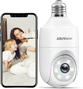 Photo 1 of AlkiVision 2K Light Bulb Security Cameras Wireless Outdoor - 2.4G Hz 360° Motion Detection, for Home Security Outside Indoor, Full-Color Night Vision, Auto Tracking, Siren Alarm, 24/7 Recording 