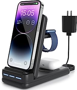 Photo 1 of DNTGVUP Wireless Charging Station for Apple - 3 in 1 Wireless Charging Station for iPhone15/14/13/12/Pro/Plus/11/XS/XR/X/8, Charger Stand Compatible with Apple Watch S2-S7/SE (Black)