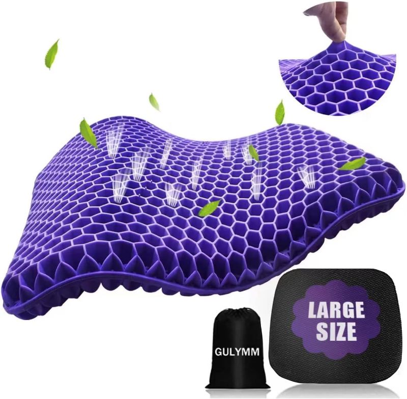 Photo 1 of Gulymm Extra Large Gel Seat Cushion for Long Sitting Double Thick Seat Cushion with Cover Gel Cushion for Pressure Sores Breathable Honeycomb Cushion for Office Chair Wheelchair to Relief Sciatica Purple Large