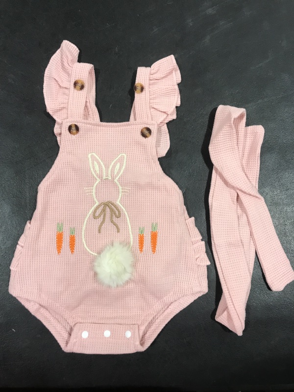 Photo 1 of [6-12mo] Newborn Easter Bunny Outfit Girl Ruffle Backless Romper Pompom Tail Waffle Overalls Baby Easter Clothes
