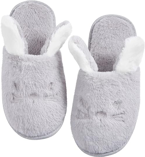 Photo 1 of [Size 5-6.5] Komyufa Gray Bunny Women Slippers Cozy Fleece Memory Foam Rabbit Animal Plush Indoor Outdoor House Shoes 