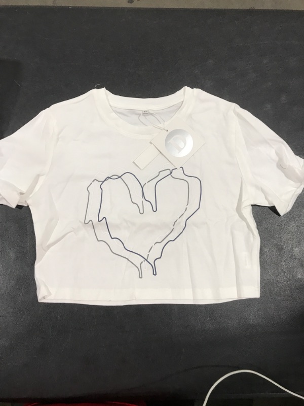 Photo 2 of [Size XS] Short-Sleeve Crew Neck Heart Crop Tee- White