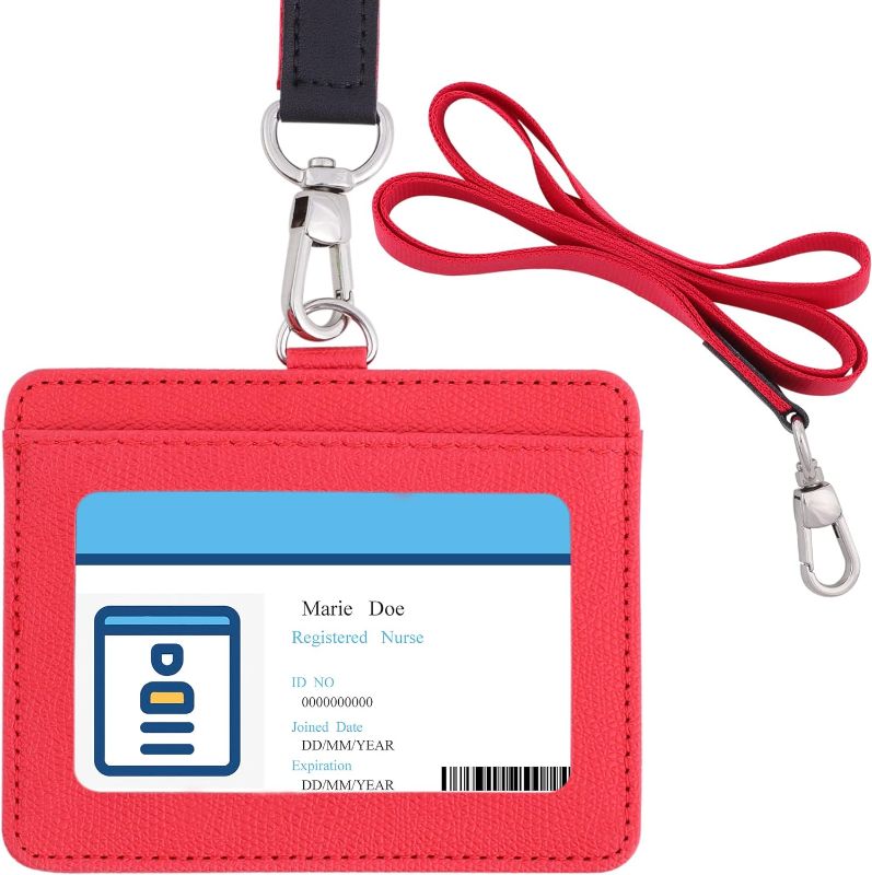 Photo 1 of MADIZZ OFFICE Faux Leather Cute Badge Holder with Lanyard Heavy Duty Horizontal Clear ID Card Holder Stylish Name Tag Holder for Nurse Office Red