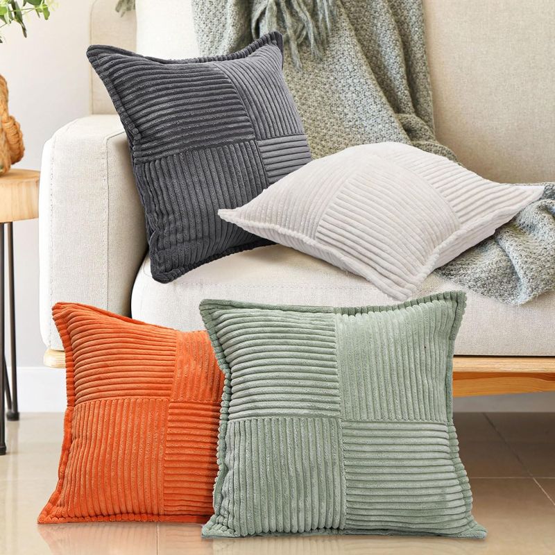 Photo 1 of 8 Packs Corduroy Pillow Covers with Splicing 18 x 18 Inch Soft Solid Boho Striped Throw Pillow Covers Broadside Decorative for Couch Cushion Living Room Home Bed Sofa Gift Spring
