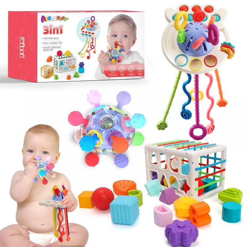 Photo 1 of 3 in 1 Montessori Toys for Baby 0-3-6-9-12 Months, Pull String Baby Teething Toys, Color Shape Sensory, Montessori Toys Baby Teether, Developmental Toys for Toddler, Gift for Baby Toys 6-12-18 Months
