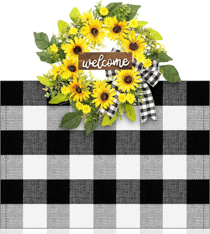 Photo 1 of 2 Pcs Sunflower Wreath for Front Door with Buffalo Plaid Mat Spring Summer Wreath 20 Inch Yellow Sunflower Door Wreaths with Welcome for Indoor Outdoor Decor Party Festival Farmhouse
