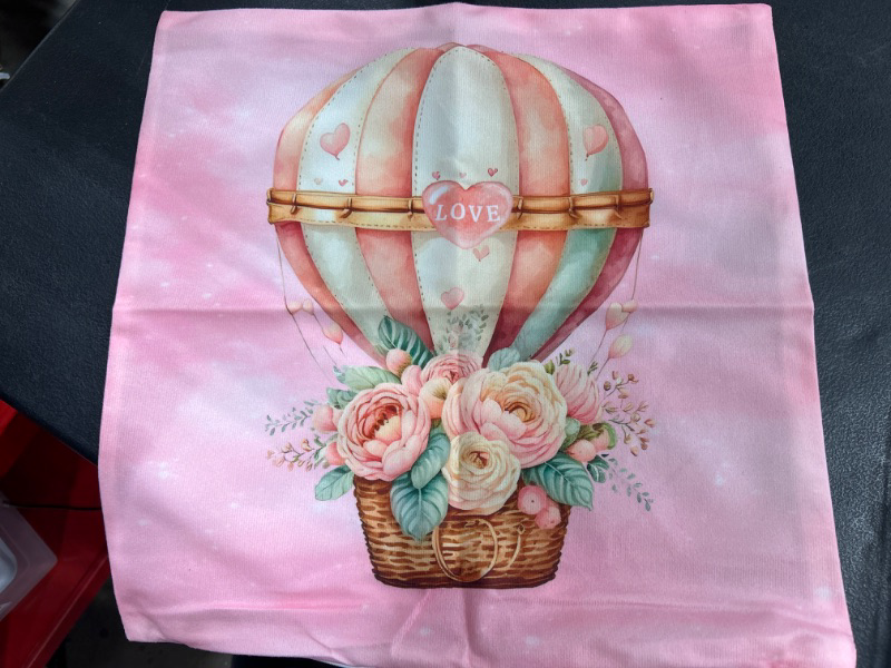 Photo 1 of 18''x18'' Valentine's Day Pillow Cover - 'Love' Hot Air Balloon & Floral Watercolor Design - Romantic Pink Cushion Case for Home Decor, Sofa, Couch - Ideal for Anniversaries & Valentine's Celebrations