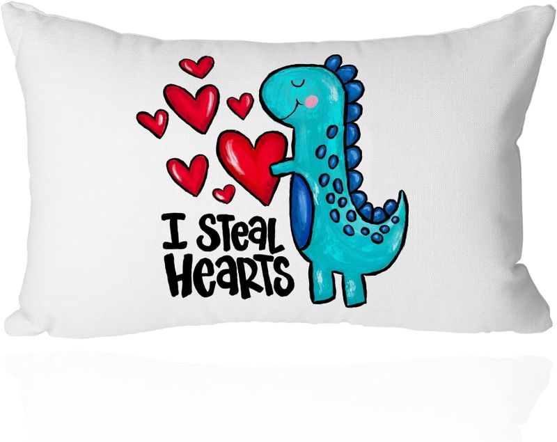Photo 1 of Valentine's Day Throw Pillow Cover 12x20 Inch - 'I Steal Hearts' Cute Dinosaur Kids Blue Dino with Red Hearts Pillowcase Decorative Cushion Cover for Nursery and Bedroom, Gift for Boys Kids