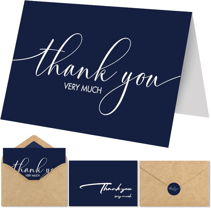 Photo 1 of AZAZA 96 Pack Thank You Cards with kraft Envelopes and Stickers,4x6 inch Navy cards,Blank Thank You Cards for Small Business,Baby Shower,Wedding,Bridal Shower,Graduation,Funeral,Navy
