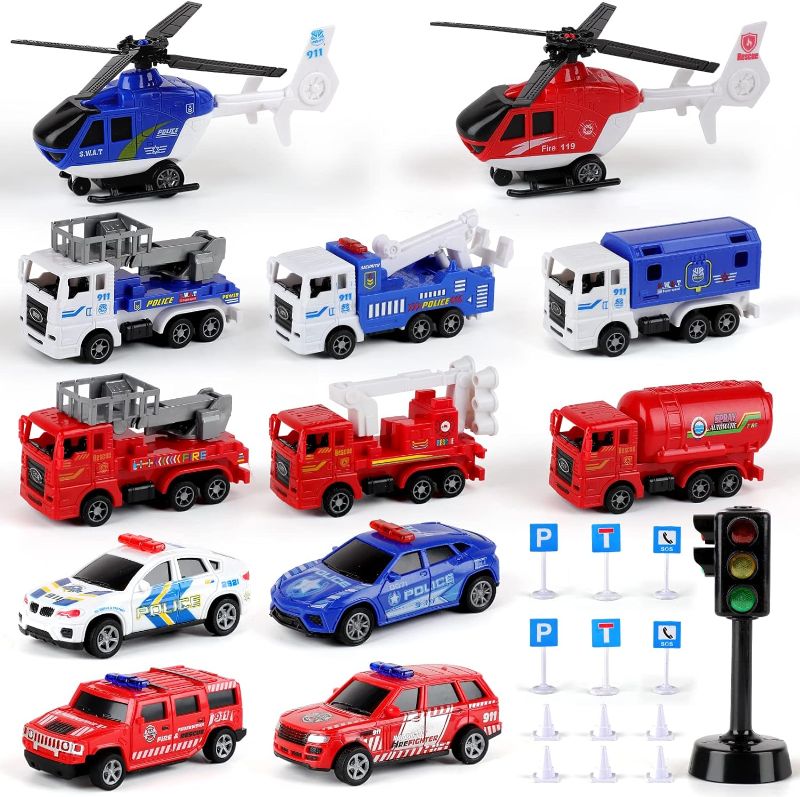 Photo 1 of kramow Mini Pull Back Cars for Kids, Fire Truck Toy Police Car Playset with Scene Play Mat Little Plastic Car Toys Set Educational Gift for Boys and Girls Aged 3+