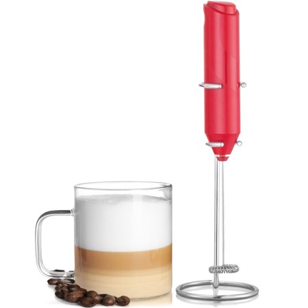 Photo 1 of Milk Frother for Coffee Handheld Drink Mixer Electric Whisk W/ Stand Cappuccino Frappe Matcha Hot Chocolate Foam Maker Red by Mata1-USA