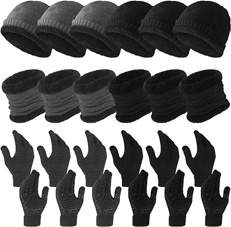 Photo 1 of Suhine 18 Pcs Winter Beanie Scarf Gloves Set Include 6 Pcs Warm Hats 6 Pcs Scarf Neck Warmer 6 Pairs Touch Screen Knit Gloves Christmas Gift for Men Women Snow Cold Weather (Black, Gray)