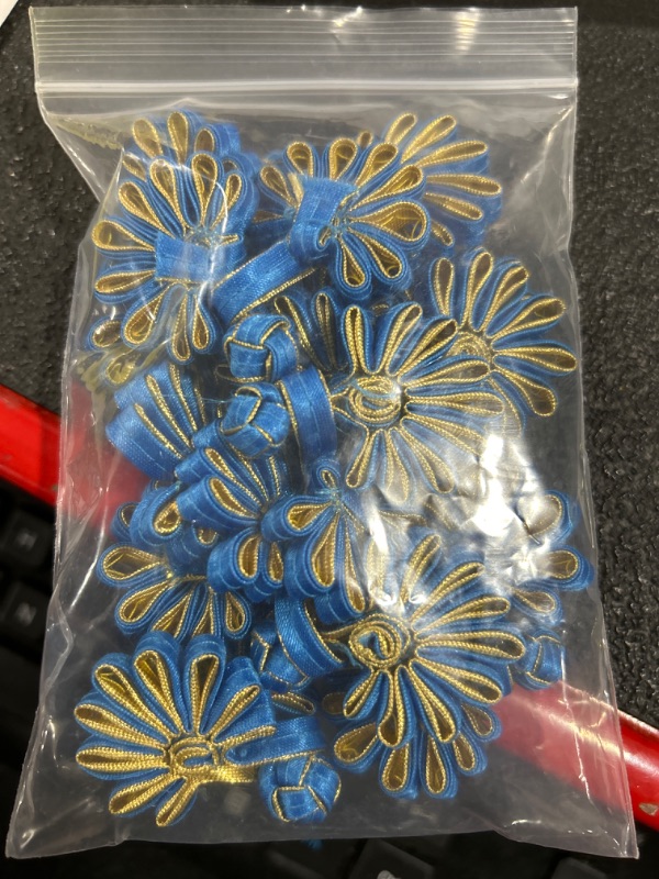 Photo 1 of 10pairs 2.5’’x1.3’’x0.2’’(LxWxH) Daisy-Shaped Chinese Closure Buttons,Retro Cheongsam Frog Buttons,Closure Sewing Buttons Fasteners for Clothes Decoration(Peacock Blue-Gold)