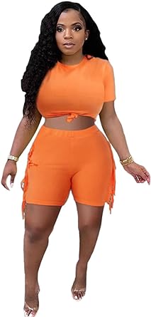 Photo 1 of acelyn Women's Two Piece Outfits Summer Tracksuit Crop Tops Fringed Short Sets Clubwear --small