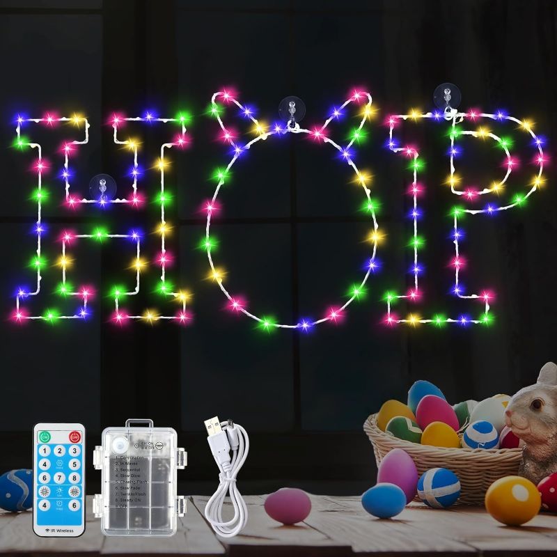 Photo 1 of Tujoe Easter Egg Bunny Window Lights 12'' Lighted HOP Window Decoration 8 Modes Lighting with Timer and Battery Operated Box Easter Colorful Egg Window Silhouette LED Party Indoor 