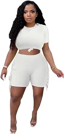 Photo 1 of acelyn Women's Two Piece Outfits Summer Tracksuit Crop Tops Fringed Short Sets Clubwear--3XL