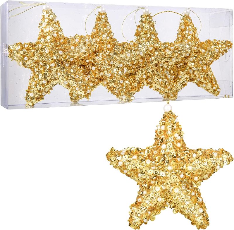 Photo 1 of 6" Five-Pointed Star Christmas Ornaments,4pc Set Gold Christmas Decorations Star for Xmas Trees Hanging Ornaments, Wedding Party Holiday Decorations 